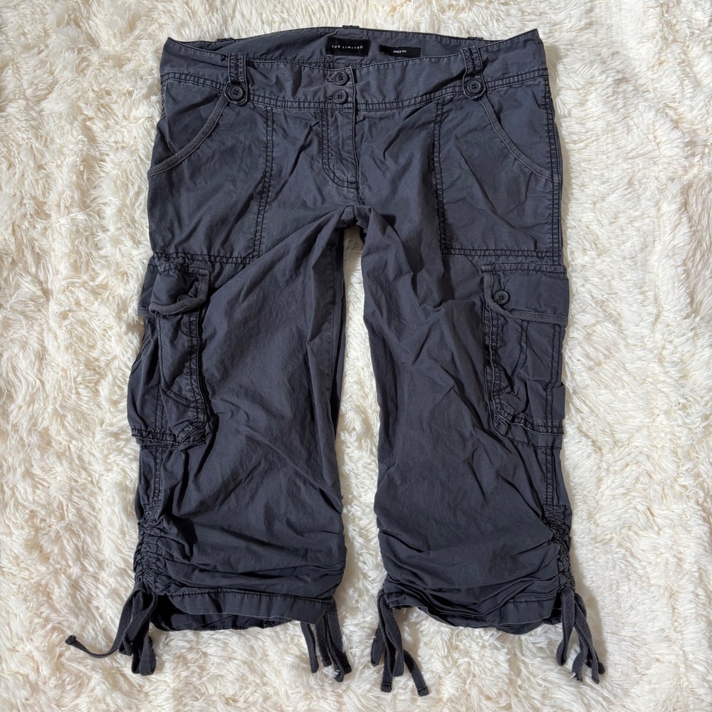 The Limited Drew Fit Cargo Capri Pants Gray Cotton Ruched Tie Hem Cropped Size 8